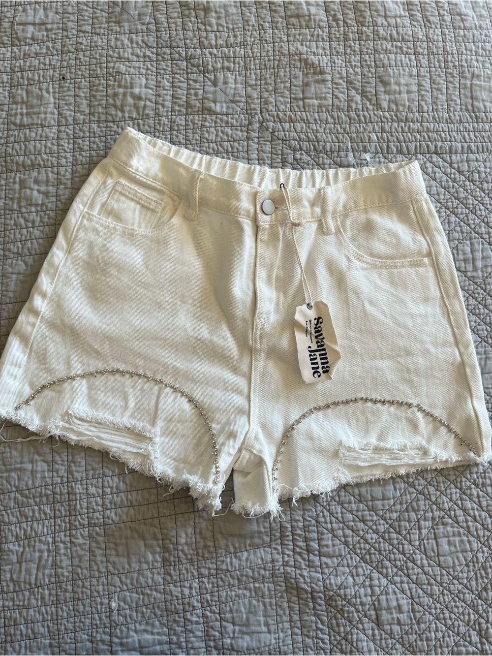 Savanna Jane White Denim Shorts with Beaded Trim